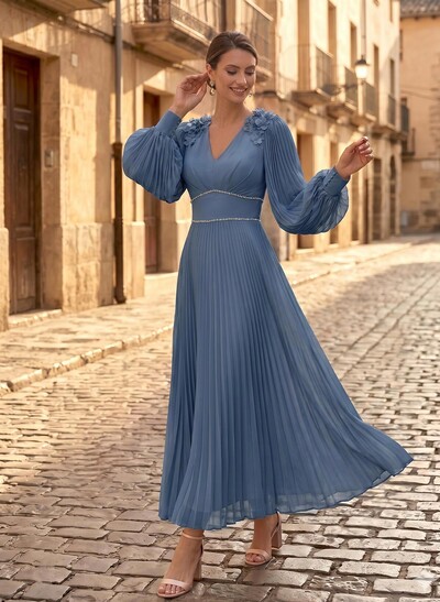 A-Line V-Neck Long Sleeves Ankle-Length Chiffon Mother Of The Bride Dresses With Pleated/Rhinestone/Flower(s)