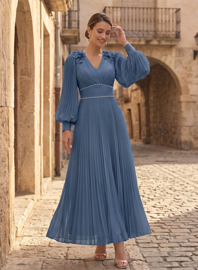 A-Line V-Neck Long Sleeves Ankle-Length Chiffon Mother Of The Bride Dresses With Pleated/Rhinestone/Flower(s)