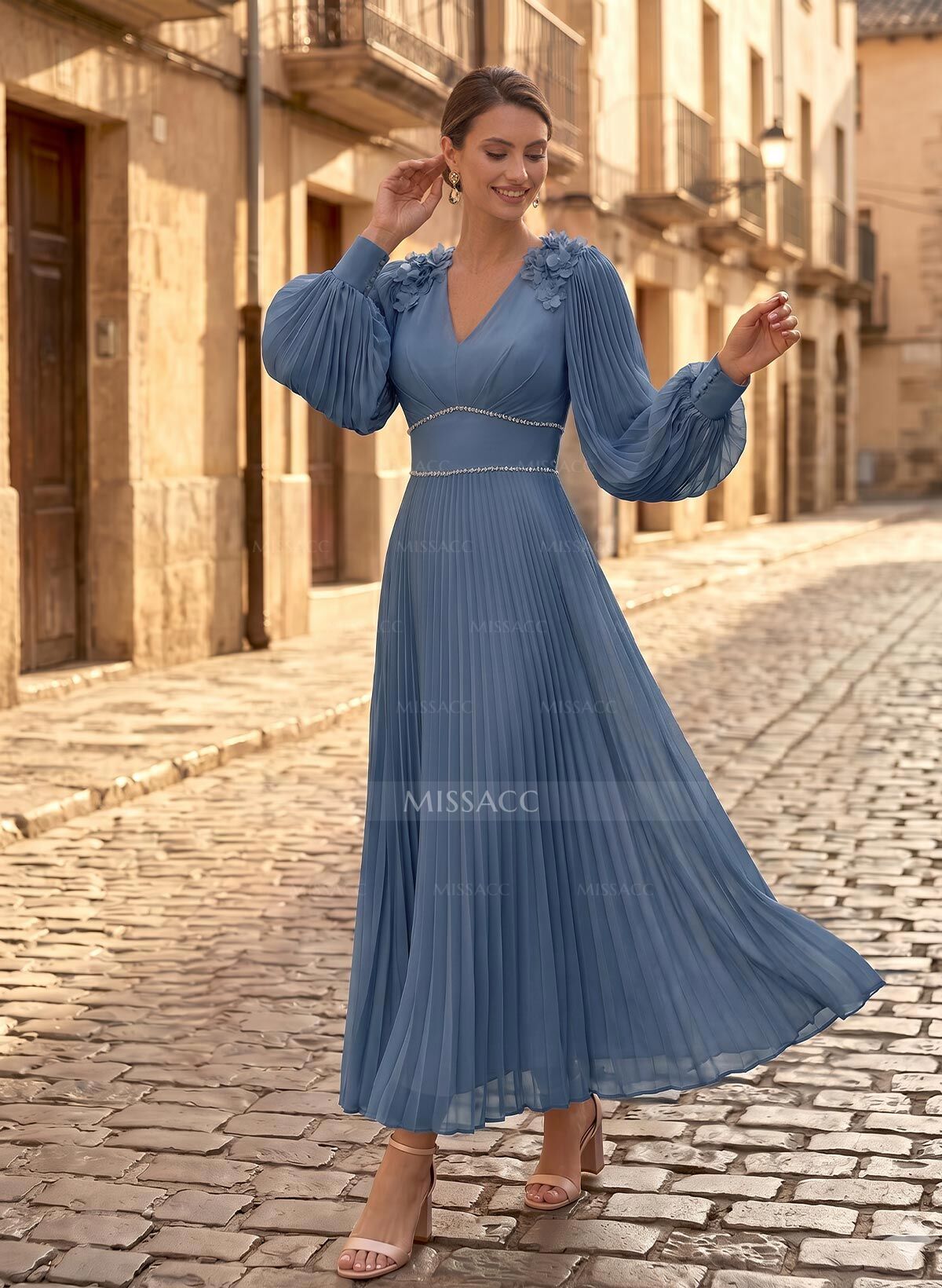 A-Line V-Neck Long Sleeves Ankle-Length Chiffon Mother Of The Bride Dresses With Pleated/Rhinestone/Flower(s)