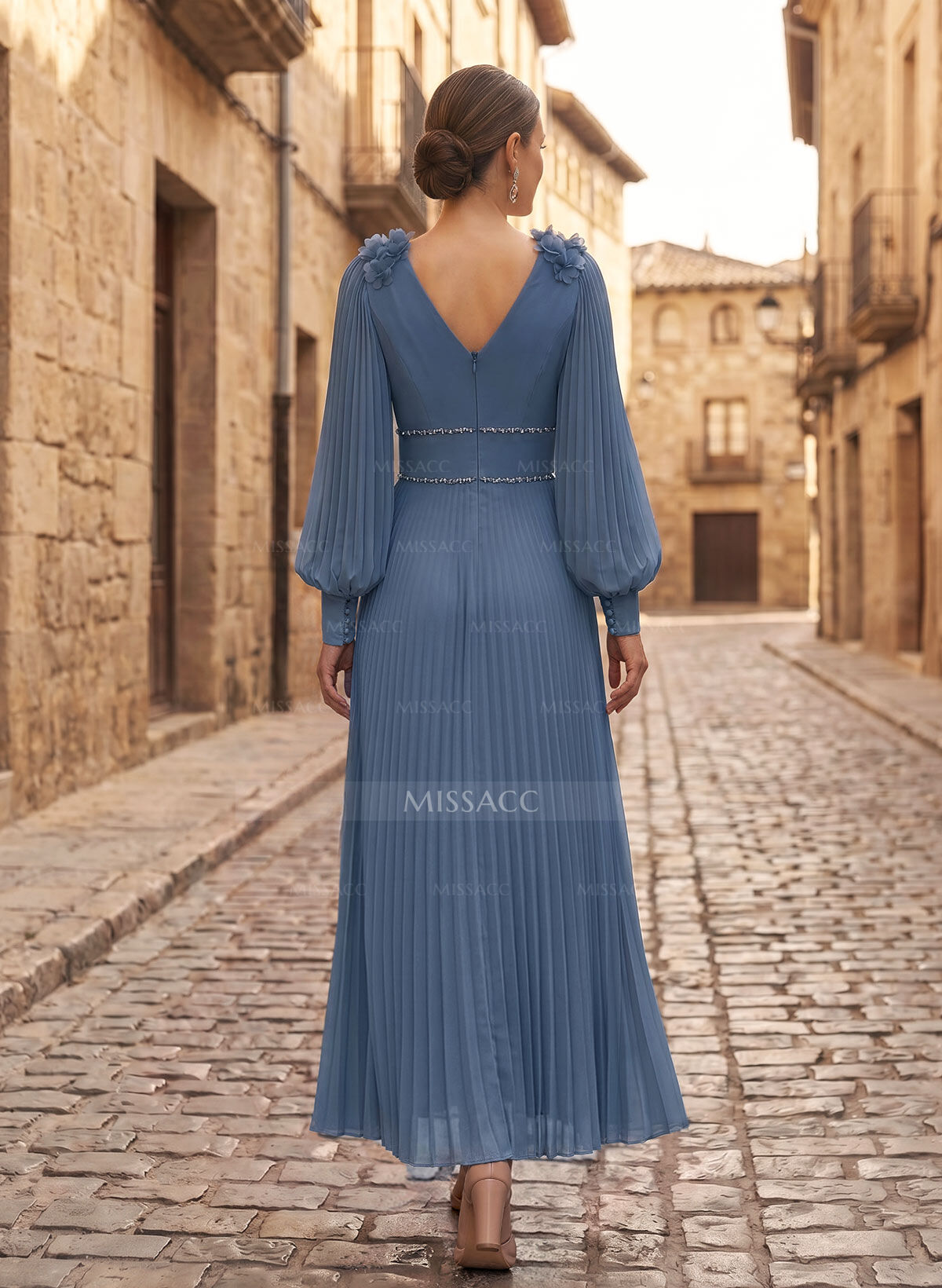 A-Line V-Neck Long Sleeves Ankle-Length Chiffon Mother Of The Bride Dresses With Pleated/Rhinestone/Flower(s)