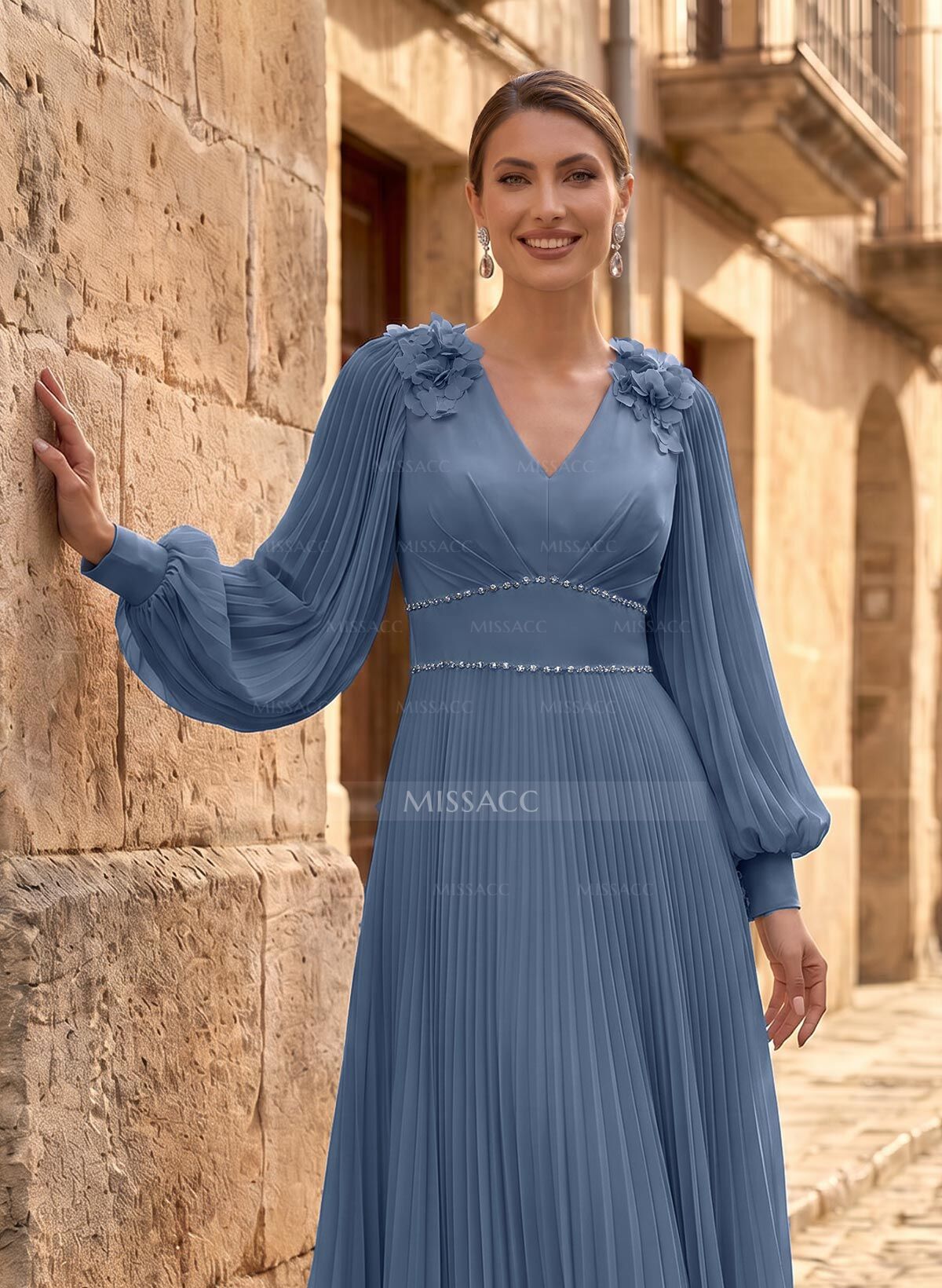 A-Line V-Neck Long Sleeves Ankle-Length Chiffon Mother Of The Bride Dresses With Pleated/Rhinestone/Flower(s)