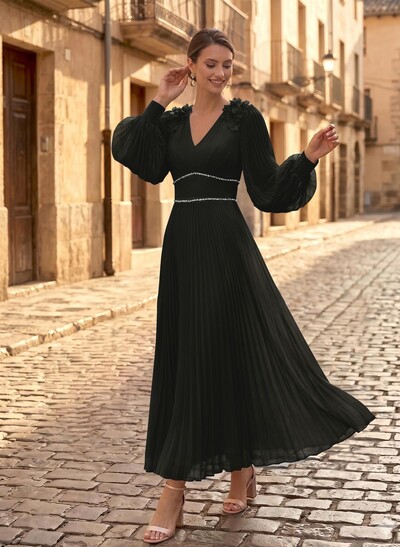 A-Line V-Neck Long Sleeves Ankle-Length Chiffon Mother Of The Bride Dresses With Pleated/Rhinestone/Flower(s)