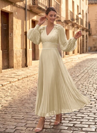 A-Line V-Neck Long Sleeves Ankle-Length Chiffon Mother Of The Bride Dresses With Pleated/Rhinestone/Flower(s)