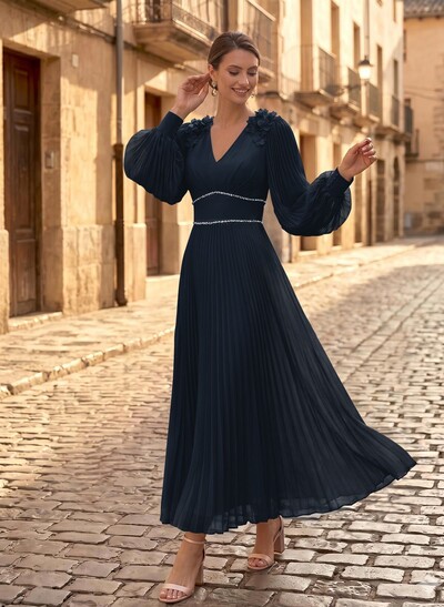 A-Line V-Neck Long Sleeves Ankle-Length Chiffon Mother Of The Bride Dresses With Pleated/Rhinestone/Flower(s)