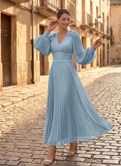 A-Line V-Neck Long Sleeves Ankle-Length Chiffon Mother Of The Bride Dresses With Pleated/Rhinestone/Flower(s)