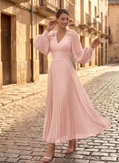 A-Line V-Neck Long Sleeves Ankle-Length Chiffon Mother Of The Bride Dresses With Pleated/Rhinestone/Flower(s)