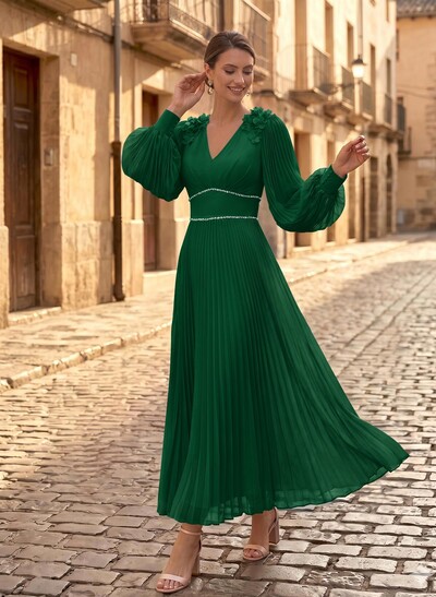 A-Line V-Neck Long Sleeves Ankle-Length Chiffon Mother Of The Bride Dresses With Pleated/Rhinestone/Flower(s)