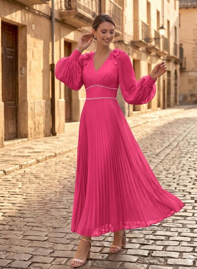 A-Line V-Neck Long Sleeves Ankle-Length Chiffon Mother Of The Bride Dresses With Pleated/Rhinestone/Flower(s)