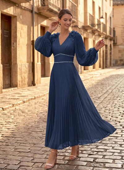 A-Line V-Neck Long Sleeves Ankle-Length Chiffon Mother Of The Bride Dresses With Pleated/Rhinestone/Flower(s)