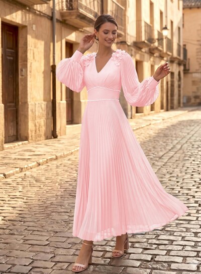 A-Line V-Neck Long Sleeves Ankle-Length Chiffon Mother Of The Bride Dresses With Pleated/Rhinestone/Flower(s)