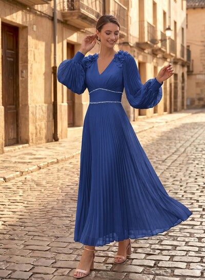 A-Line V-Neck Long Sleeves Ankle-Length Chiffon Mother Of The Bride Dresses With Pleated/Rhinestone/Flower(s)