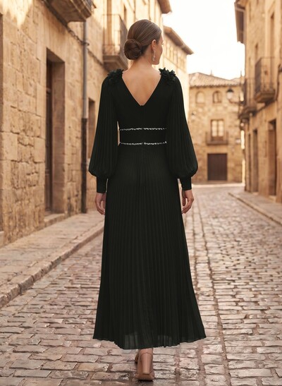 A-Line V-Neck Long Sleeves Ankle-Length Chiffon Mother Of The Bride Dresses With Pleated/Rhinestone/Flower(s)