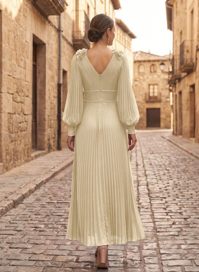 A-Line V-Neck Long Sleeves Ankle-Length Chiffon Mother Of The Bride Dresses With Pleated/Rhinestone/Flower(s)