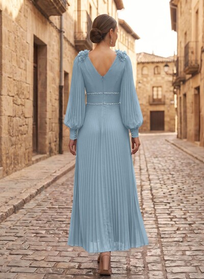 A-Line V-Neck Long Sleeves Ankle-Length Chiffon Mother Of The Bride Dresses With Pleated/Rhinestone/Flower(s)