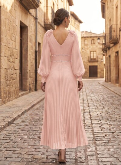 A-Line V-Neck Long Sleeves Ankle-Length Chiffon Mother Of The Bride Dresses With Pleated/Rhinestone/Flower(s)