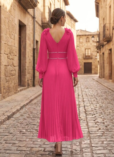 A-Line V-Neck Long Sleeves Ankle-Length Chiffon Mother Of The Bride Dresses With Pleated/Rhinestone/Flower(s)