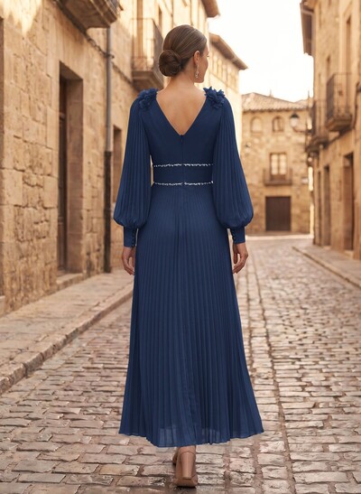 A-Line V-Neck Long Sleeves Ankle-Length Chiffon Mother Of The Bride Dresses With Pleated/Rhinestone/Flower(s)