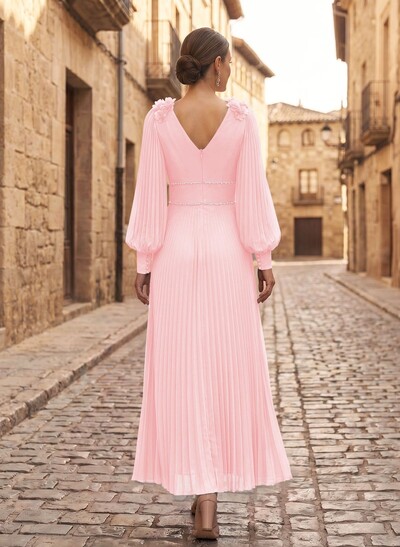 A-Line V-Neck Long Sleeves Ankle-Length Chiffon Mother Of The Bride Dresses With Pleated/Rhinestone/Flower(s)