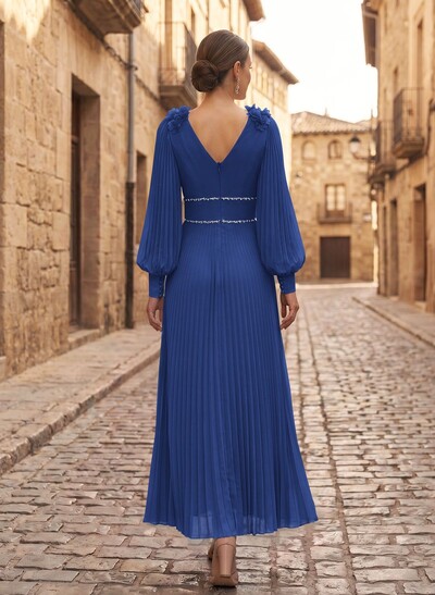 A-Line V-Neck Long Sleeves Ankle-Length Chiffon Mother Of The Bride Dresses With Pleated/Rhinestone/Flower(s)