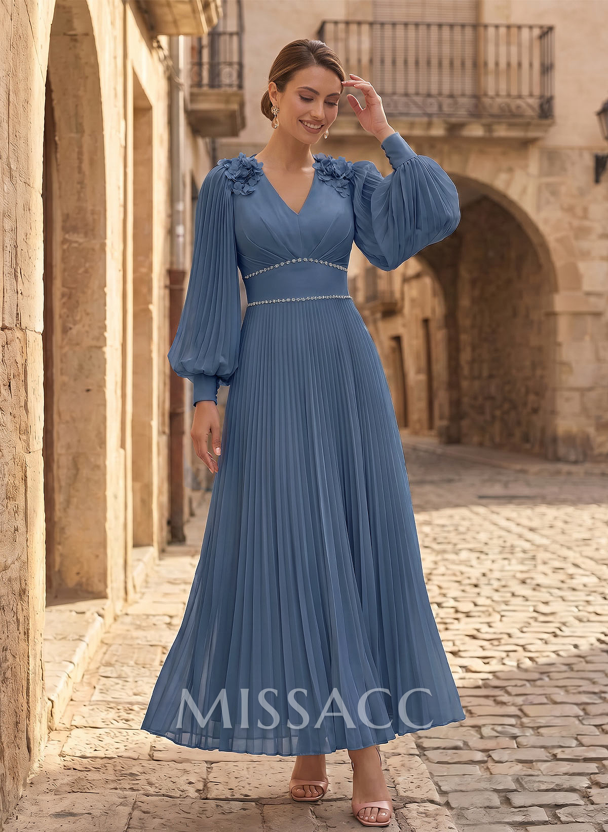 A-Line V-Neck Long Sleeves Ankle-Length Chiffon Mother Of The Bride Dresses With Pleated/Rhinestone/Flower(s)
