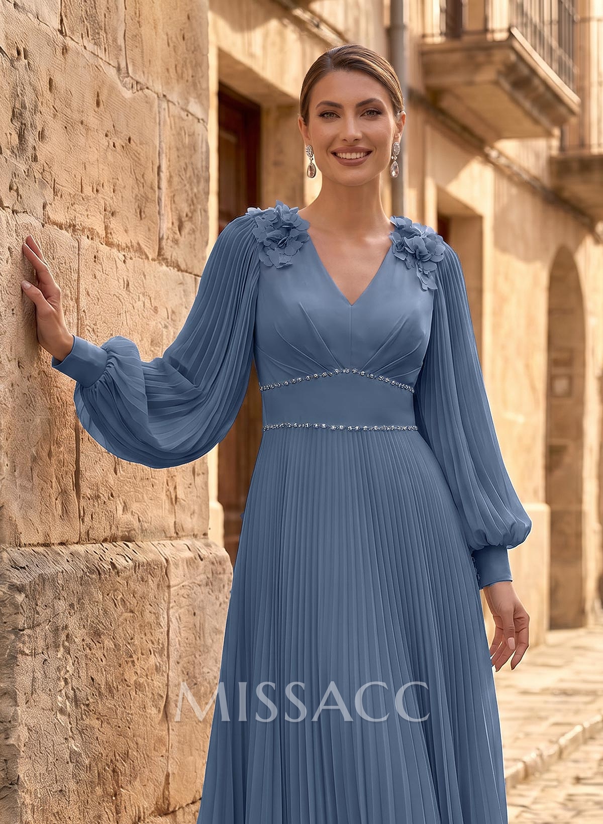 A-Line V-Neck Long Sleeves Ankle-Length Chiffon Mother Of The Bride Dresses With Pleated/Rhinestone/Flower(s)