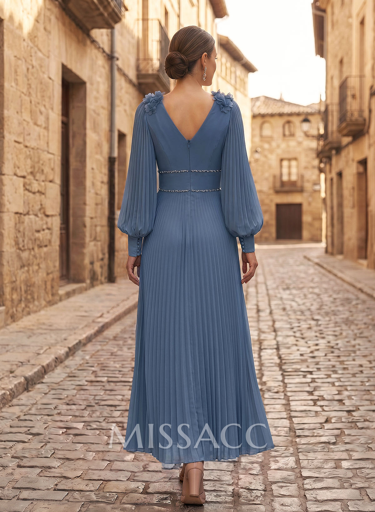 A-Line V-Neck Long Sleeves Ankle-Length Chiffon Mother Of The Bride Dresses With Pleated/Rhinestone/Flower(s)