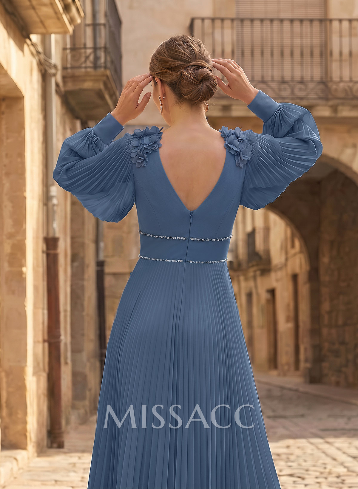 A-Line V-Neck Long Sleeves Ankle-Length Chiffon Mother Of The Bride Dresses With Pleated/Rhinestone/Flower(s)