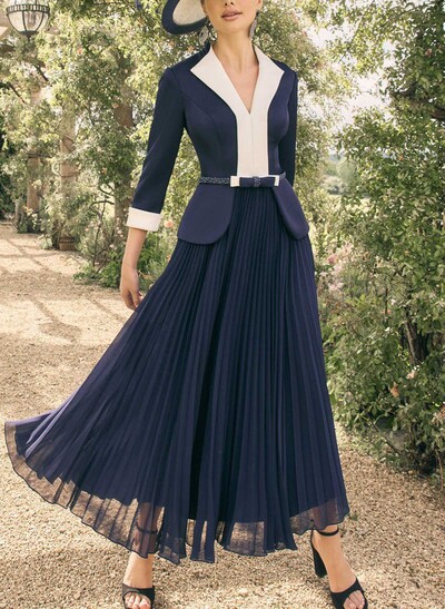 A-Line V-Neck Long Sleeves Floor-Length Chiffon/Crepe Satin Mother Of The Bride Dresses With Bow(s)/Pleated/Sash