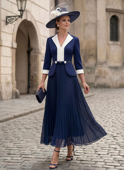 A-Line V-Neck Long Sleeves Floor-Length Chiffon/Crepe Satin Mother Of The Bride Dresses With Bow(s)/Pleated/Sash