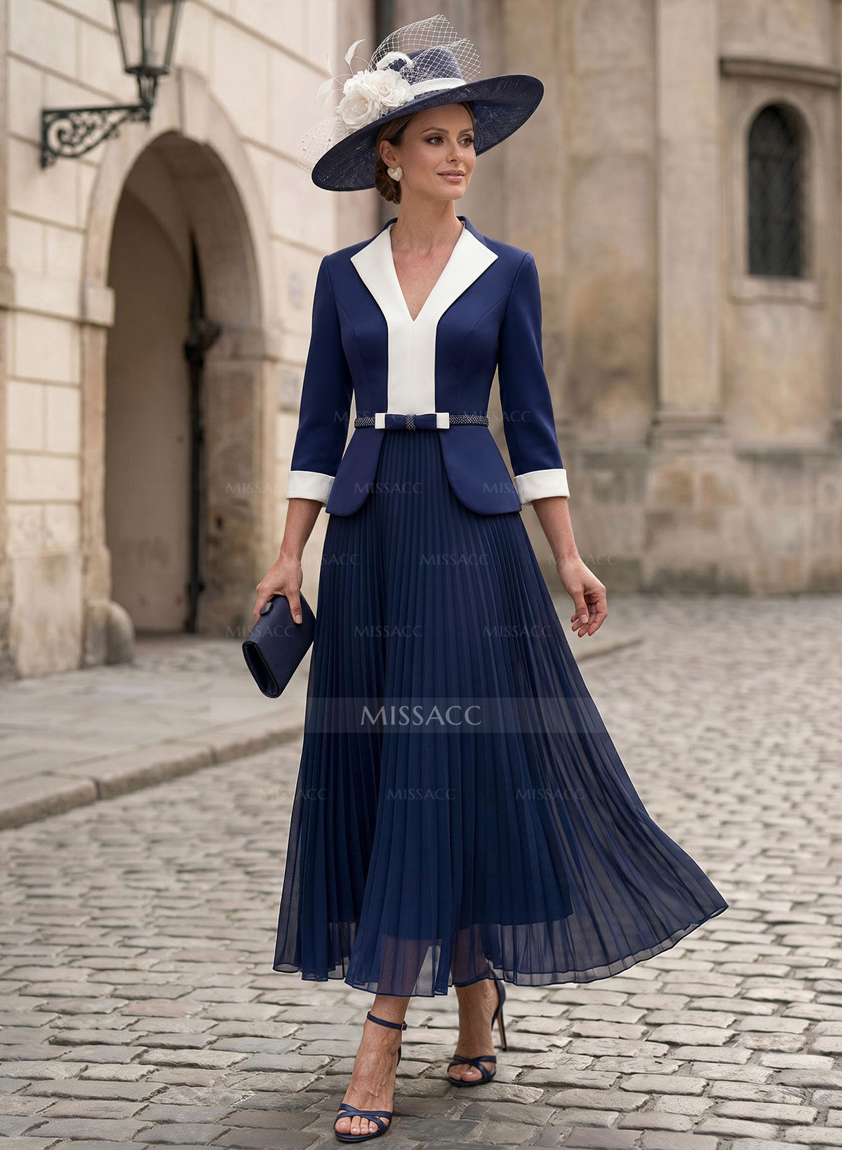 A-Line V-Neck Long Sleeves Floor-Length Chiffon/Crepe Satin Mother Of The Bride Dresses With Bow(s)/Pleated/Sash