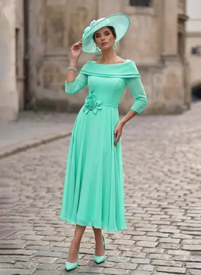 A-Line Square Neckline 3/4 Sleeves Ankle-Length Chiffon Mother Of The Bride Dresses With Pockets/Flower(s)