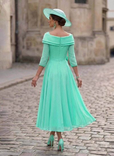 A-Line Square Neckline 3/4 Sleeves Ankle-Length Chiffon Mother Of The Bride Dresses With Pockets/Flower(s)