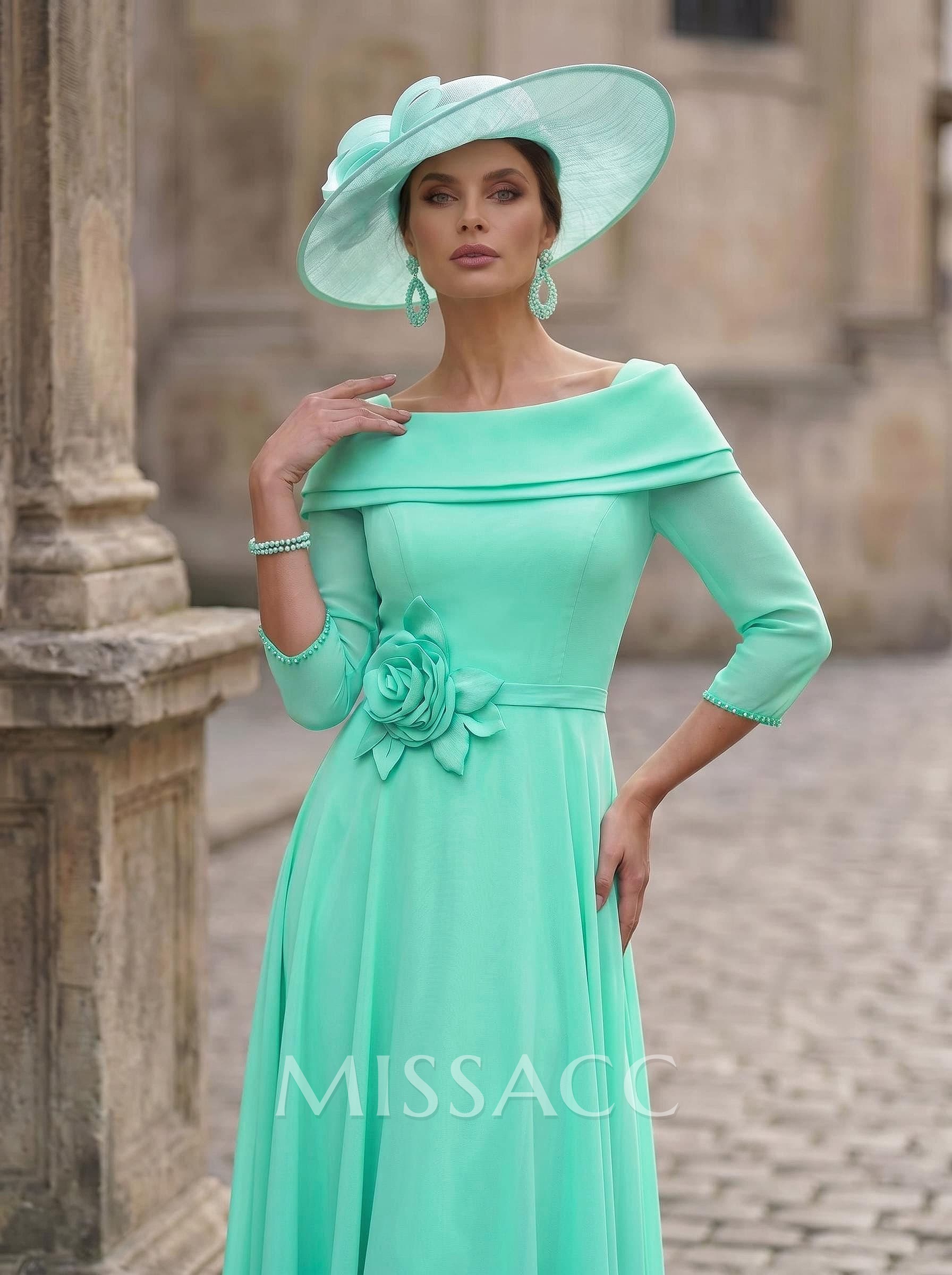 A-Line Square Neckline 3/4 Sleeves Ankle-Length Chiffon Mother Of The Bride Dresses With Pockets/Flower(s)