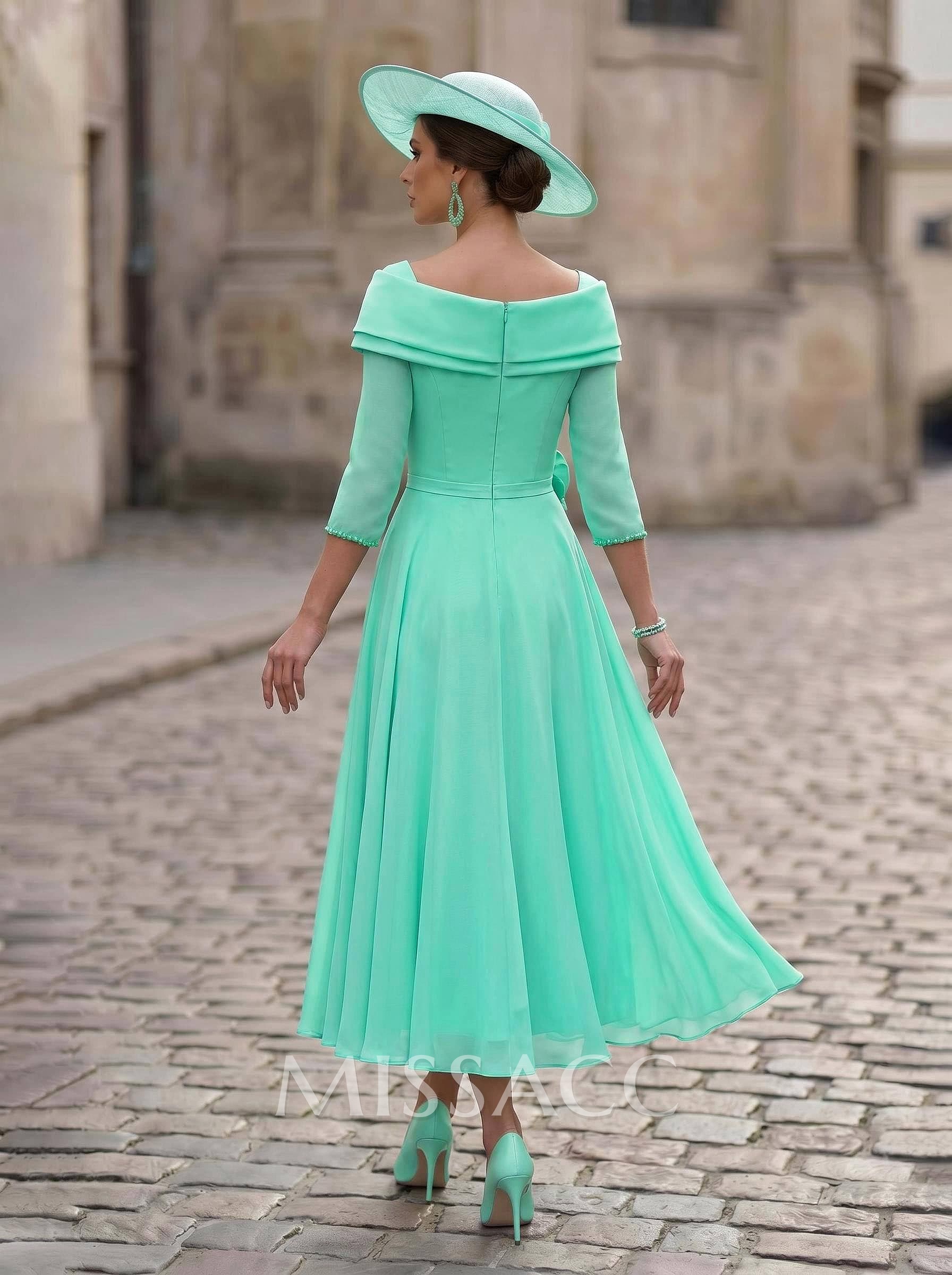 A-Line Square Neckline 3/4 Sleeves Ankle-Length Chiffon Mother Of The Bride Dresses With Pockets/Flower(s)