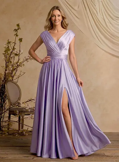 A-Line V-Neck Cape Sleeves Floor-Length Stretch Satin Mother Of The Bride Dresses With High Split