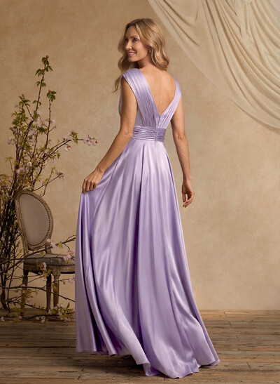 A-Line V-Neck Cape Sleeves Floor-Length Stretch Satin Mother Of The Bride Dresses With High Split