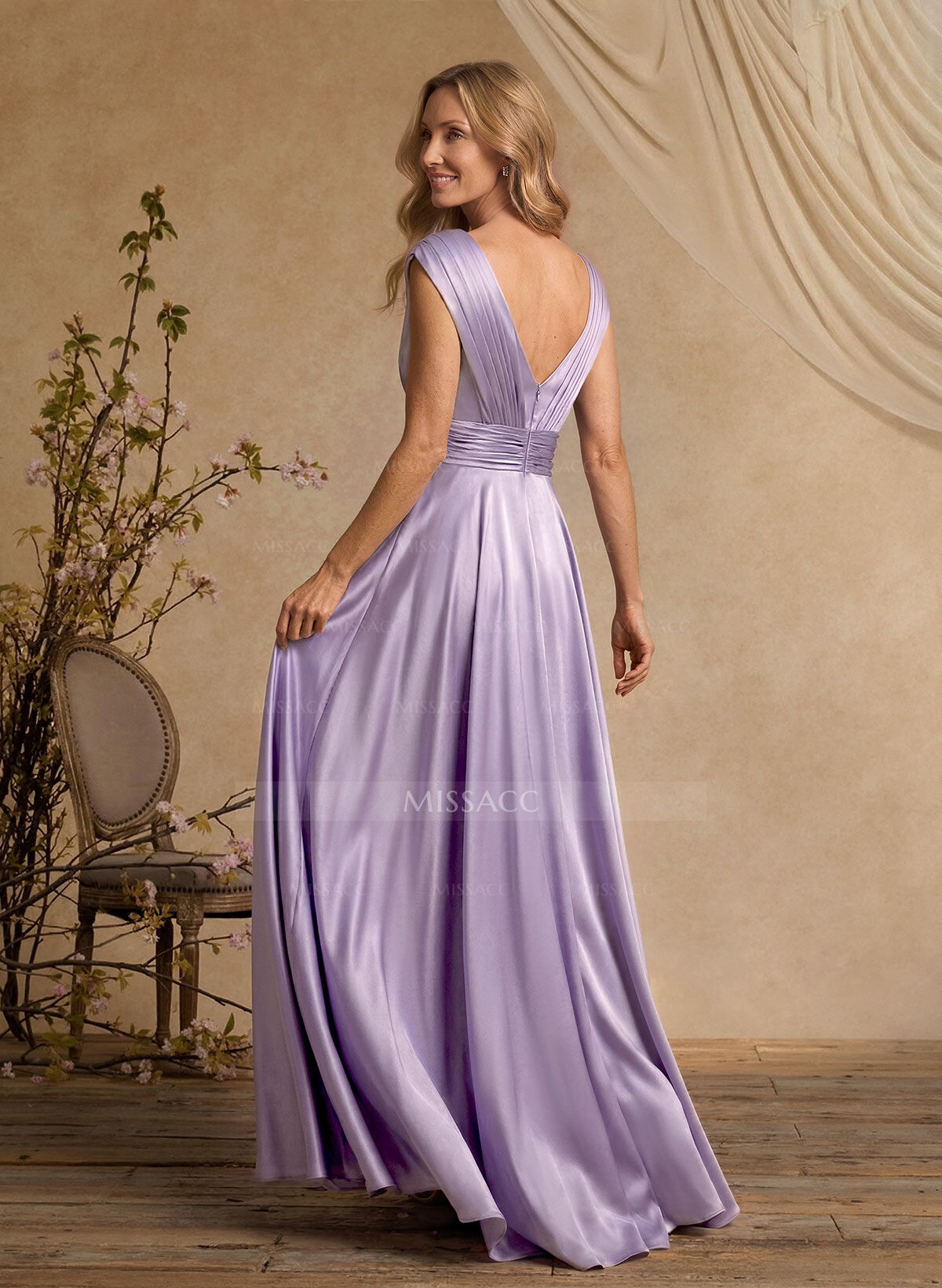 A-Line V-Neck Cape Sleeves Floor-Length Stretch Satin Mother Of The Bride Dresses With High Split