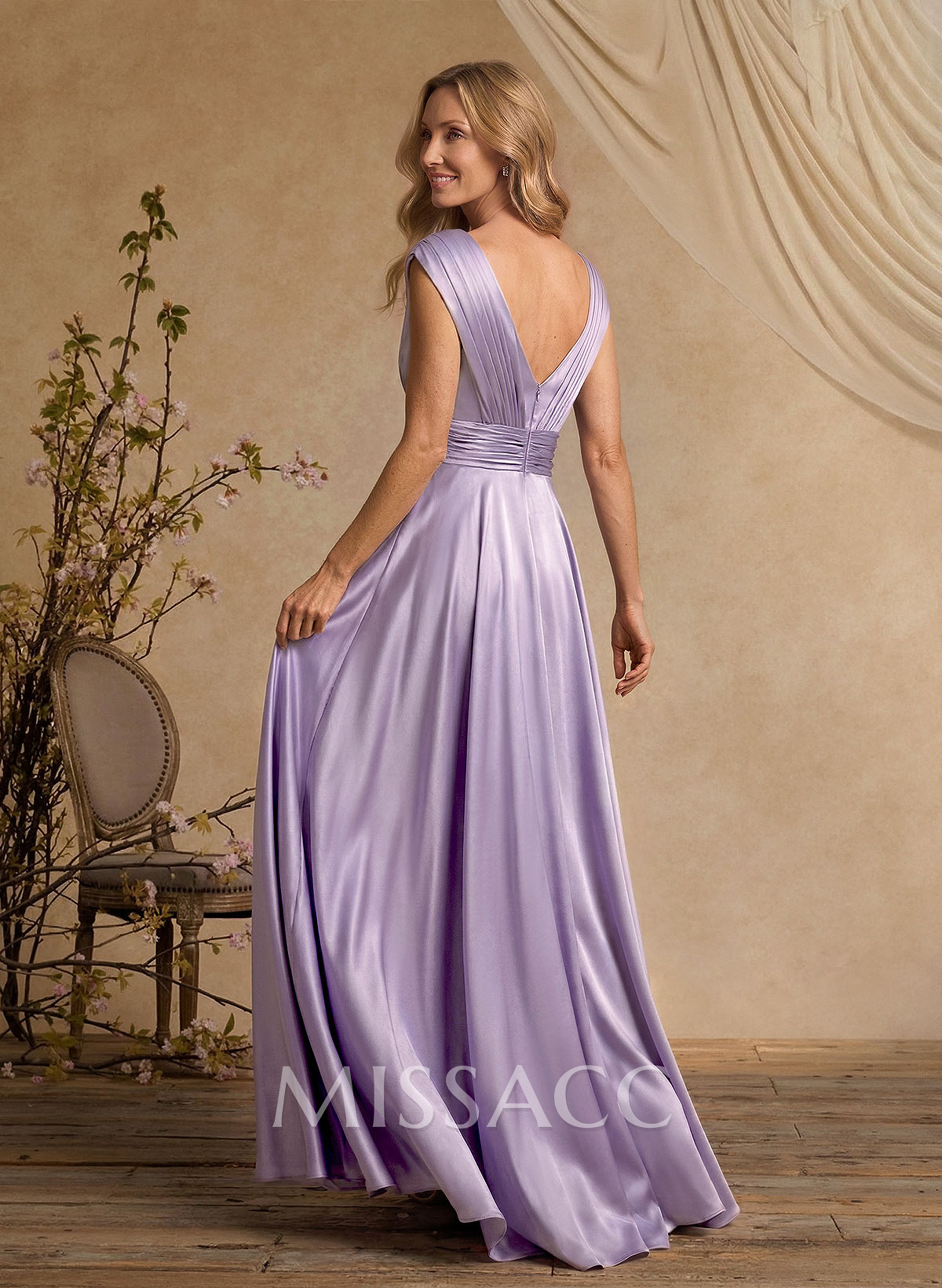 A-Line V-Neck Cape Sleeves Floor-Length Stretch Satin Mother Of The Bride Dresses With High Split