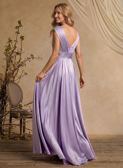 A-Line V-Neck Cape Sleeves Floor-Length Stretch Satin Mother Of The Bride Dresses With High Split