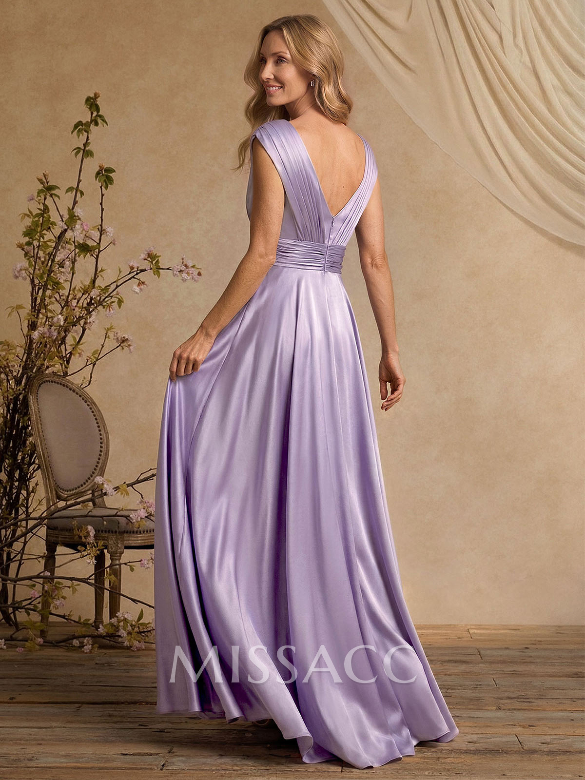 A-Line V-Neck Cape Sleeves Floor-Length Stretch Satin Mother Of The Bride Dresses With High Split
