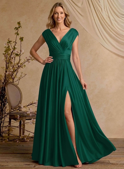 A-Line V-Neck Cape Sleeves Floor-Length Stretch Satin Mother Of The Bride Dresses With High Split