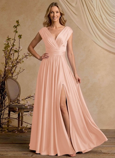 A-Line V-Neck Cape Sleeves Floor-Length Stretch Satin Mother Of The Bride Dresses With High Split