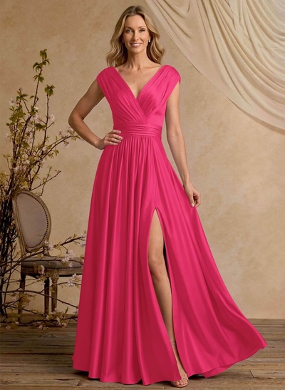 A-Line V-Neck Cape Sleeves Floor-Length Stretch Satin Mother Of The Bride Dresses With High Split