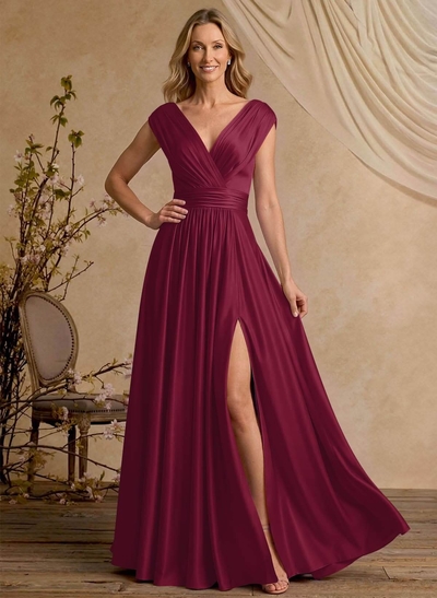 A-Line V-Neck Cape Sleeve Floor-Length Stretch Satin Evening Dress With High Slit
