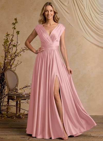 A-Line V-Neck Cape Sleeves Floor-Length Stretch Satin Mother Of The Bride Dresses With High Split