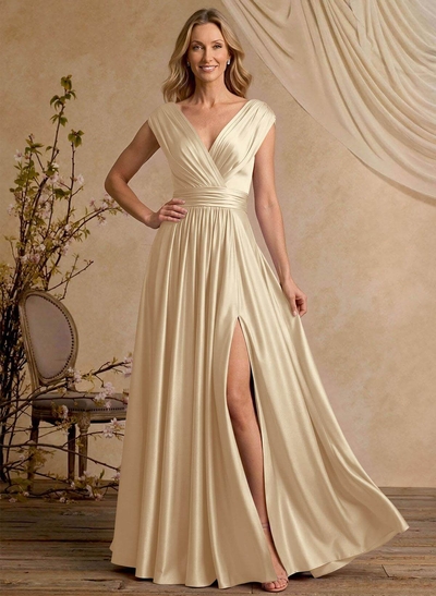A-Line V-Neck Cape Sleeves Floor-Length Stretch Satin Mother Of The Bride Dresses With High Split
