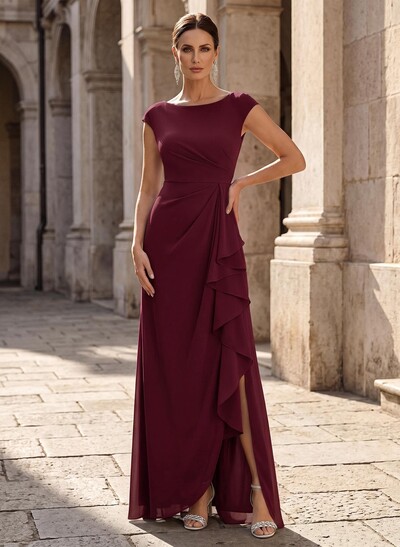 Sheath/Column Scoop Neck Sleeveless Floor-Length Chiffon Mother Of The Bride Dresses With Ruffle/High Split
