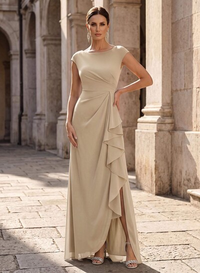 Sheath/Column Scoop Neck Sleeveless Floor-Length Chiffon Mother Of The Bride Dresses With Ruffle/High Split