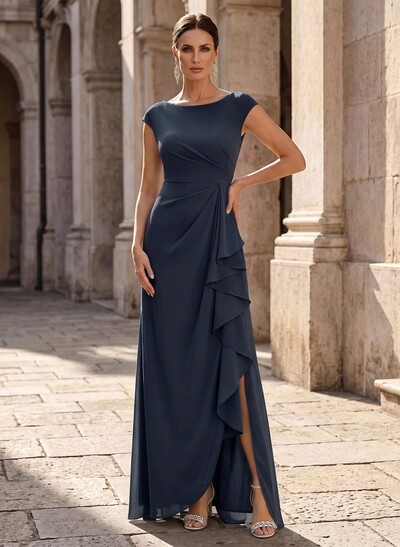 Sheath/Column Scoop Neck Sleeveless Floor-Length Chiffon Mother Of The Bride Dresses With Ruffle/High Split