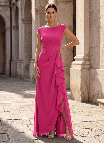 Sheath/Column Scoop Neck Sleeveless Floor-Length Chiffon Mother Of The Bride Dresses With Ruffle/High Split
